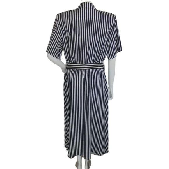LESLIE FAY Dress, 12, Midi, Blue/White stripes, Belt, Short sleeve, Poly - Picture 5 of 14